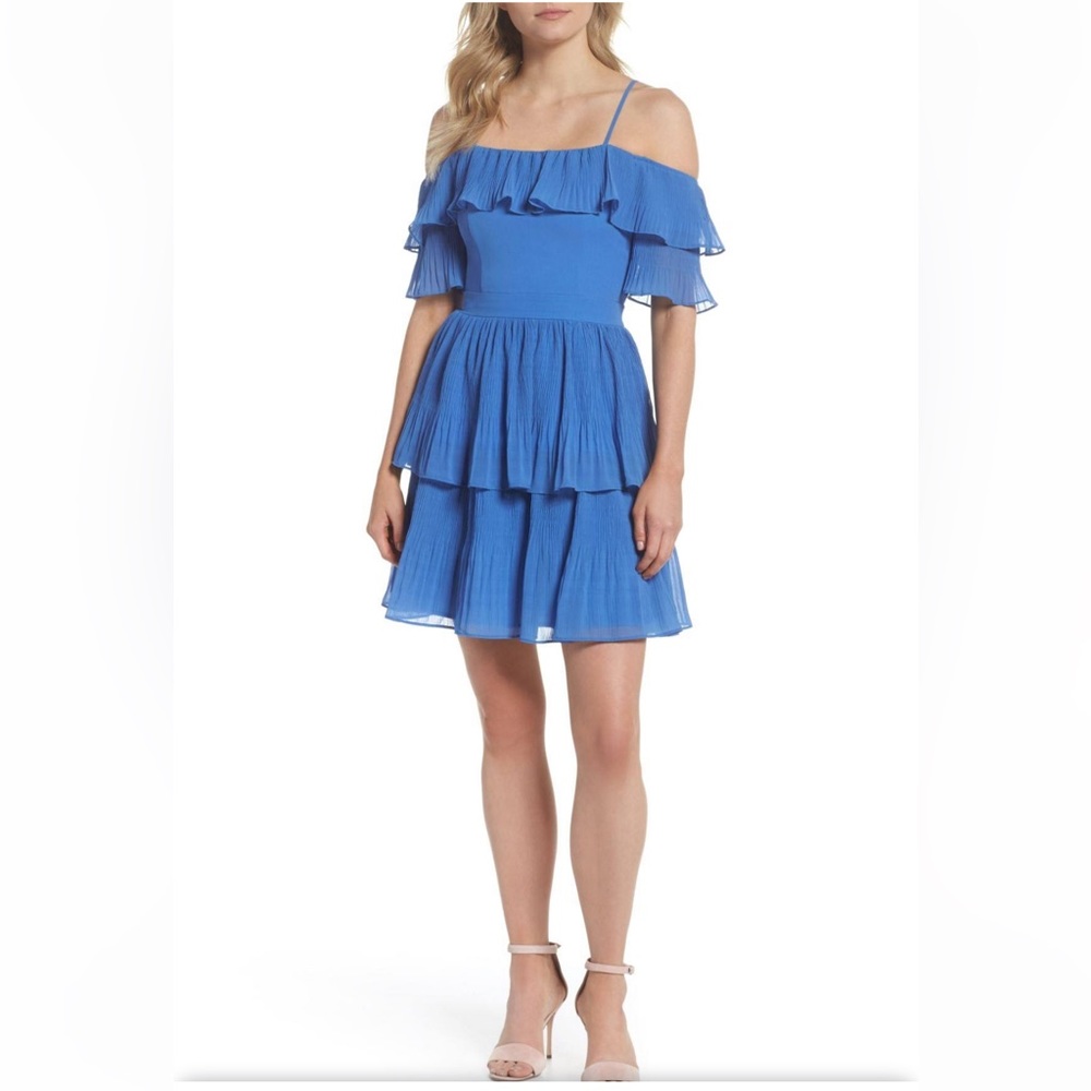 Adelyn Rae Rosalie Off Shoulder Tiered Pleated Chiffon Dress Blue size Medium